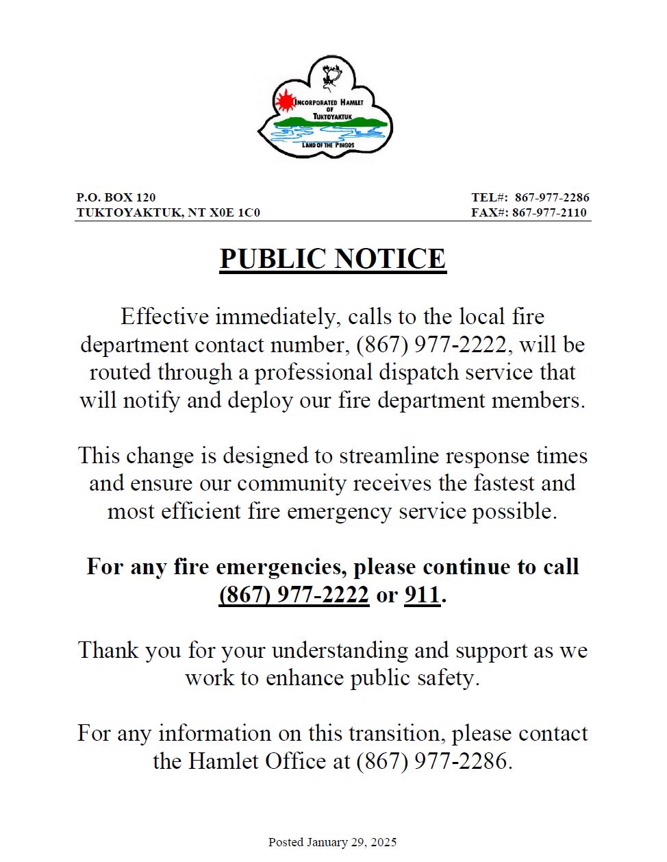 fire department announcement