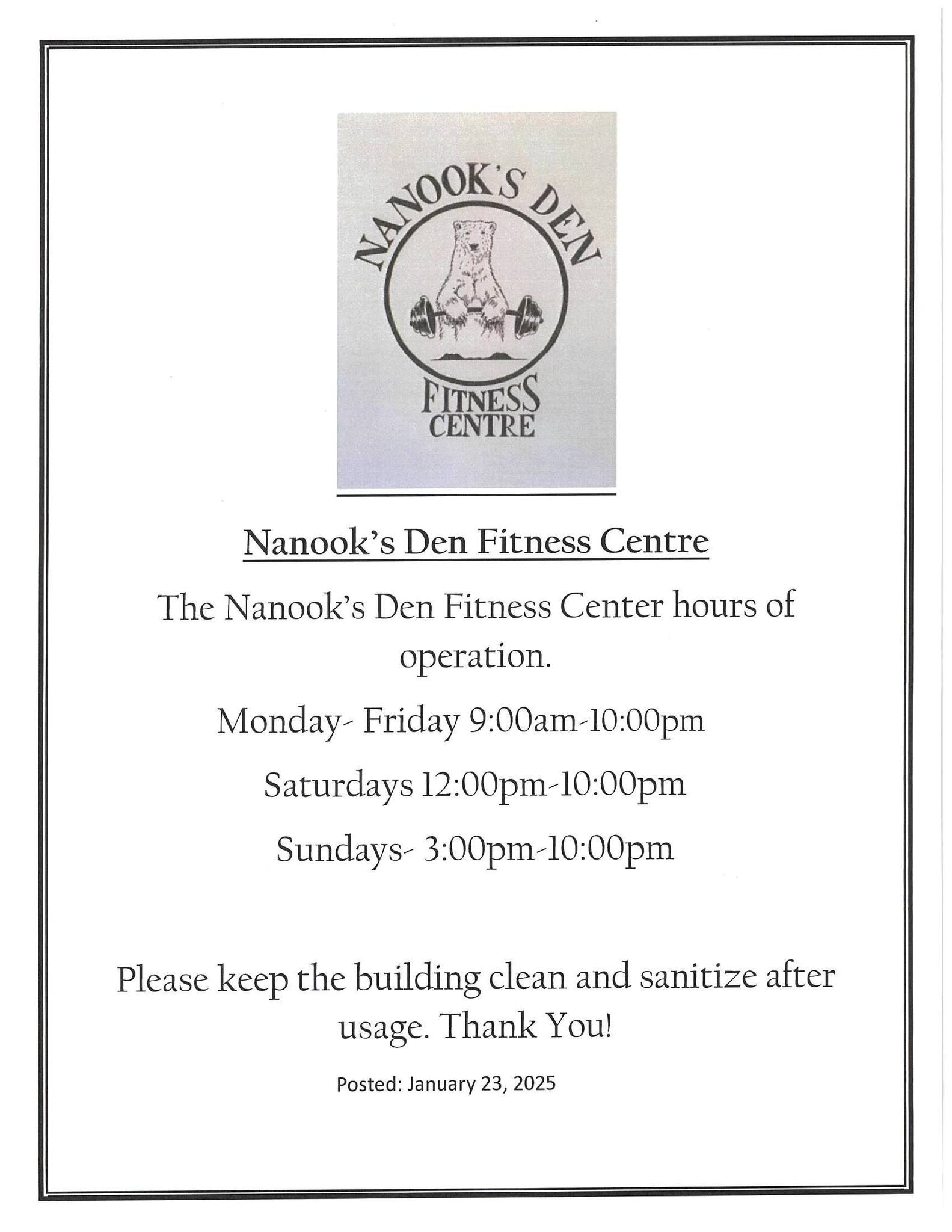 nanooks dens fitness centre hours